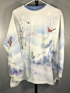 Vintage Nature AOP Birds Rabbit Trees Winter Snow Sweater Crewneck Sz XL